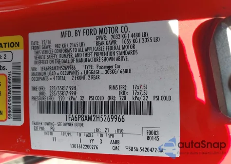 2017 Ford Mustang V6 z USA, uszkodzony, nr VIN 1FA6P8AM2H5269966